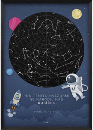 Obraz do dětského pokoje - Ilustrovaná svítící hvězdná mapa pro chlapečka s kosmonautem a planetami